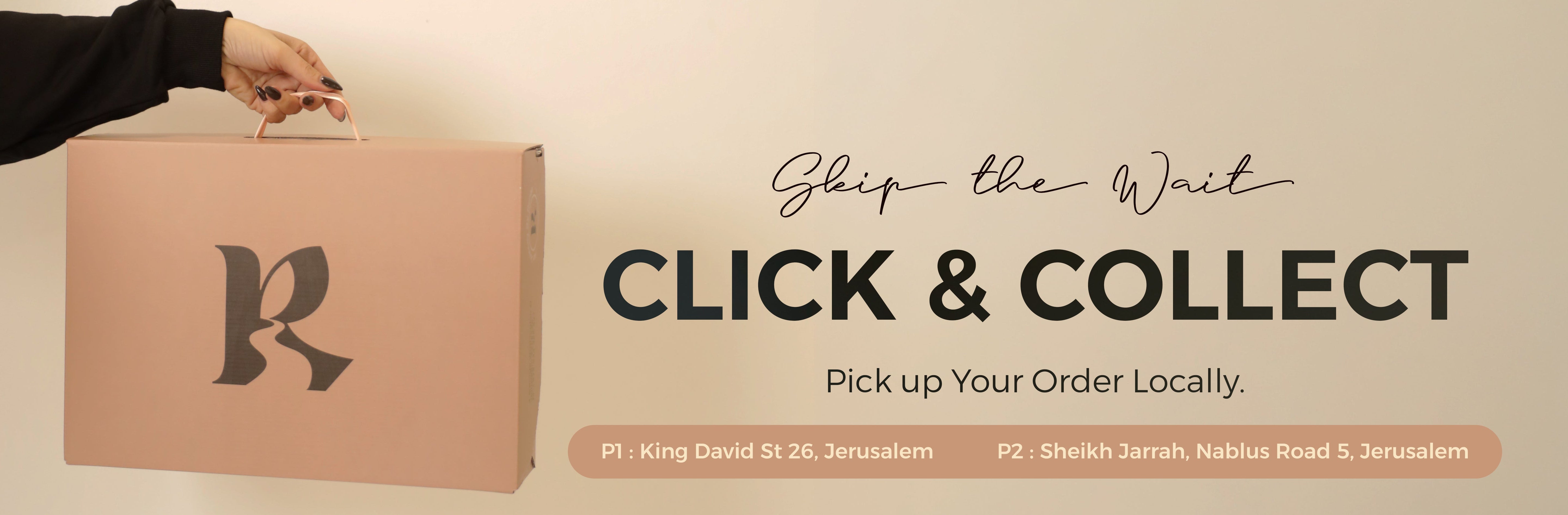 Cardboard box with a logo, text 'Skip the Wait Click & Collect', and locations on a beige background.